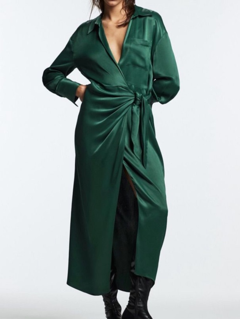 Zara Deep Green Long Sleeve Wrap Midi Dress with Tie